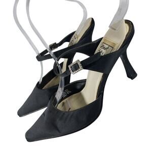 JUST LIBBY! LUXE BLACK SATIN NIPPED TOE RHINESTONE JEWELED BUCKLE HEELS! SZ 6.5M